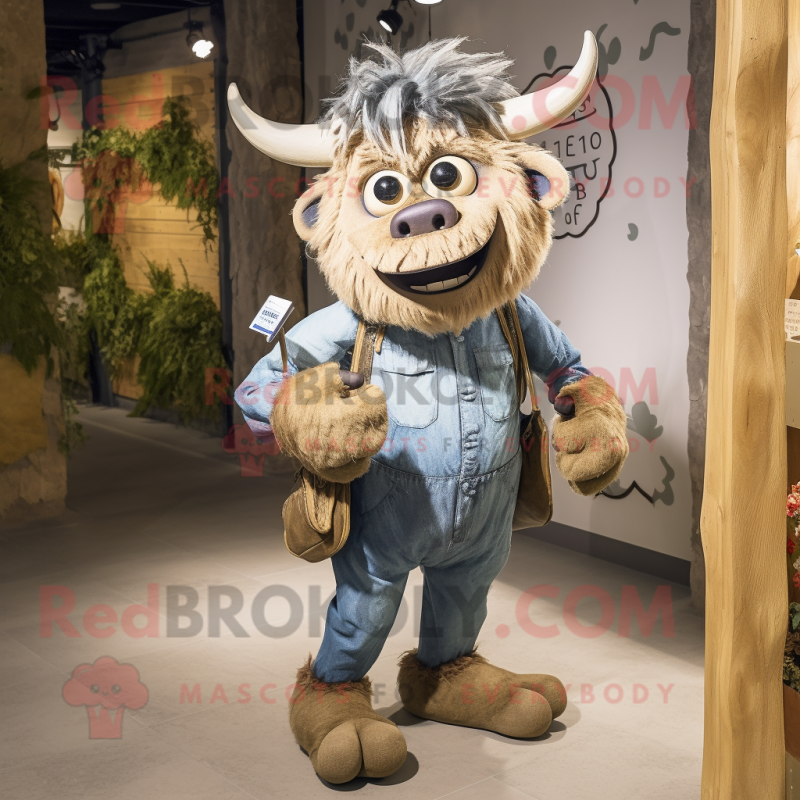 Beige Minotaur mascot costume character dressed with a Chambray Shirt and Hairpins