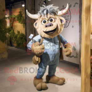 Beige Minotaur mascot costume character dressed with a Chambray Shirt and Hairpins