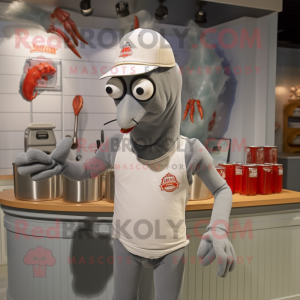 Silver Lobster Bisque mascot costume character dressed with a Tank Top and Hats