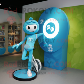 Cyan Unicyclist mascot costume character dressed with a Romper and Smartwatches