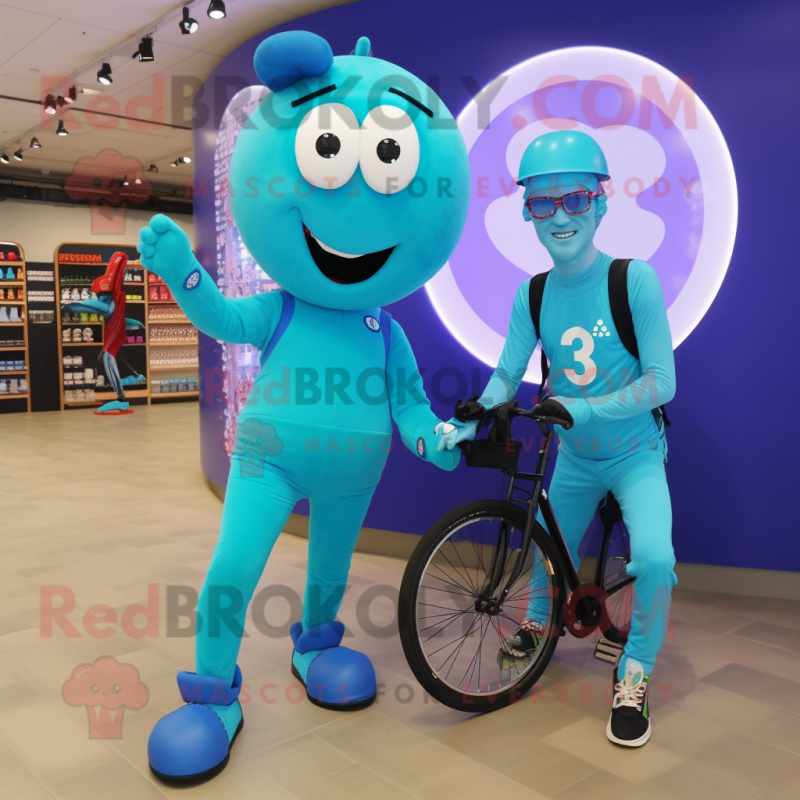 Cyan Unicyclist mascot costume character dressed with a Romper and Smartwatches Cyan Unicyclist mascot costume character dressed with a Romper and Smartwatches