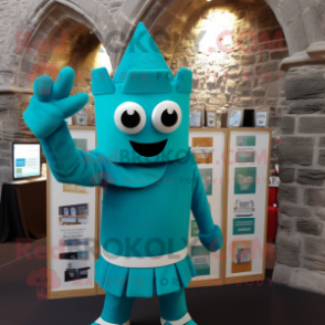 Turquoise Irish Castle mascot costume character dressed with a V-Neck Tee and Gloves