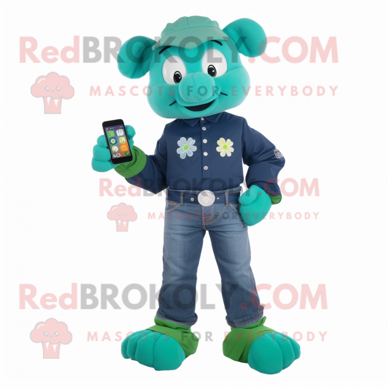 Teal Bunch Of Shamrocks mascot costume character dressed with a Jeans and Digital watches Teal Bunch Of Shamrocks mascot costume character dressed with a Jeans and Digital watches
