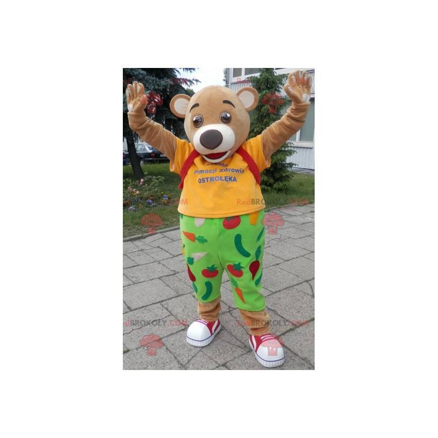 Beige bear mascot dressed in yellow and green - Redbrokoly.com