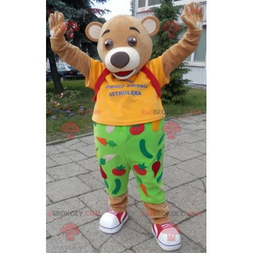 Beige bear mascot dressed in yellow and green - Redbrokoly.com