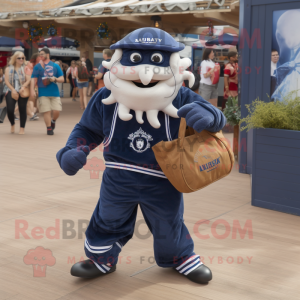 Navy Kraken mascot costume character dressed with a Rugby Shirt and Tote bags
