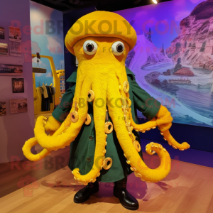 Yellow Kraken mascot costume character dressed with a Coat and Necklaces