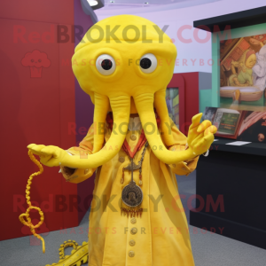 Yellow Kraken mascot costume character dressed with a Coat and Necklaces
