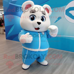 Sky Blue Hamster mascot costume character dressed with a Joggers and Rings