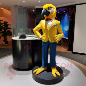 Gold Macaw mascot costume character dressed with a Suit Pants and Anklets