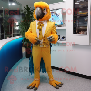Gold Macaw mascot costume character dressed with a Suit Pants and Anklets