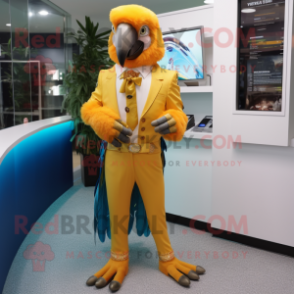 Gold Macaw mascot costume character dressed with a Suit Pants and Anklets