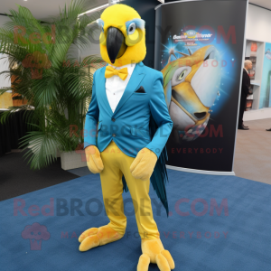 Gold Macaw mascot costume character dressed with a Suit Pants and Anklets