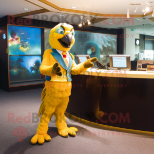 Gold Macaw mascot costume character dressed with a Suit Pants and Anklets