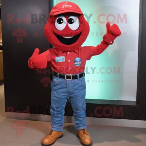 Red Paella mascot costume character dressed with a Denim Shirt and Bracelet watches