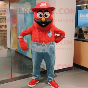 Red Paella mascot costume character dressed with a Denim Shirt and Bracelet watches