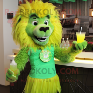 Lime Green Tamer Lion mascot costume character dressed with a Cocktail Dress and Bracelets