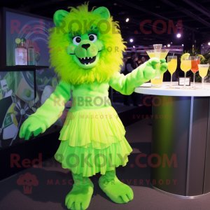 Lime Green Tamer Lion mascot costume character dressed with a Cocktail Dress and Bracelets
