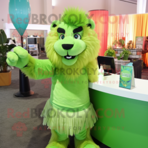 Lime Green Tamer Lion mascot costume character dressed with a Cocktail Dress and Bracelets