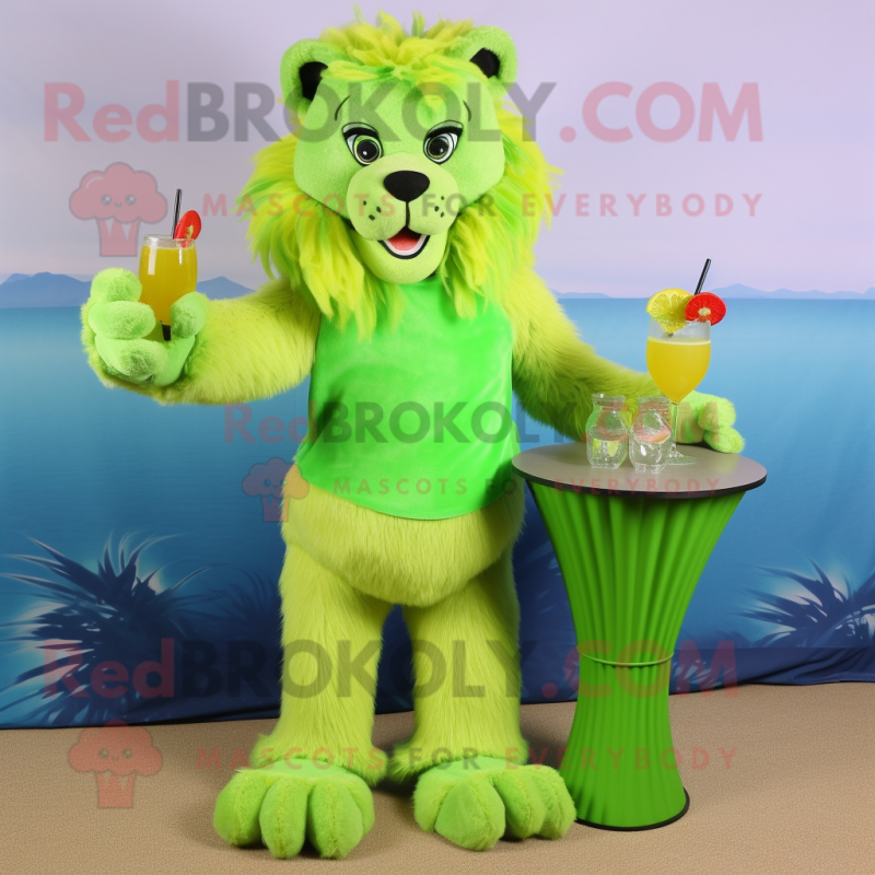 Lime Green Tamer Lion mascot costume character dressed with a Cocktail Dress and Bracelets