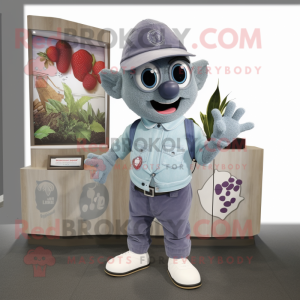 Gray Grape mascot costume character dressed with a Chambray Shirt and Watches