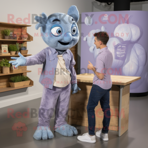 Gray Grape mascot costume character dressed with a Chambray Shirt and Watches