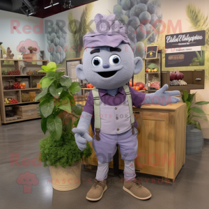Gray Grape mascot costume character dressed with a Chambray Shirt and Watches