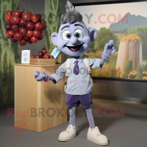 Gray Grape mascot costume character dressed with a Chambray Shirt and Watches