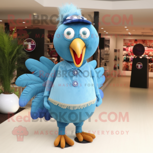 Sky Blue Turkey mascot costume character dressed with a Jeggings and Necklaces
