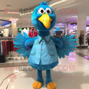 Sky Blue Turkey mascot costume character dressed with a Jeggings and Necklaces