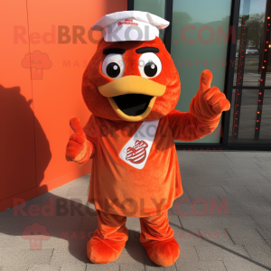 Orange Chicken Parmesan mascot costume character dressed with a Button-Up Shirt and Mittens