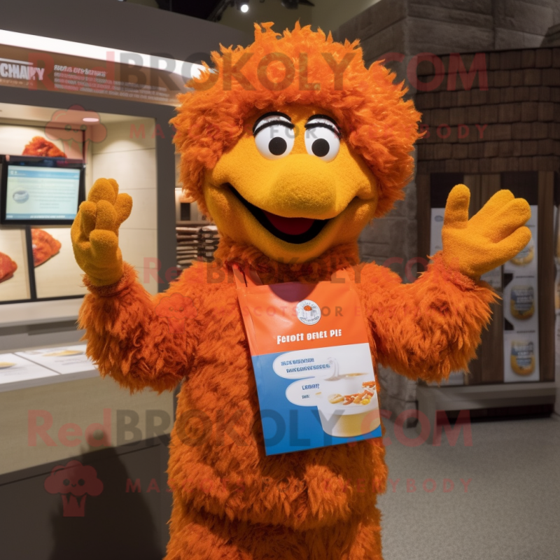 Orange Chicken Parmesan mascot costume character dressed with a Button-Up Shirt and Mittens Orange Chicken Parmesan mascot costume character dressed with a Button-Up Shirt and Mittens
