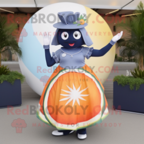 Navy Grapefruit mascot costume character dressed with a Maxi Dress and Rings