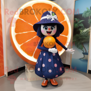 Navy Grapefruit mascot costume character dressed with a Maxi Dress and Rings