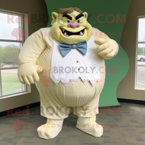 Cream Ogre mascot costume character dressed with a Dress Shirt and Bow ties