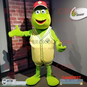 Lime Green Cucumber mascot costume character dressed with a Baseball Tee and Messenger bags