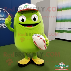 Lime Green Cucumber mascot costume character dressed with a Baseball Tee and Messenger bags