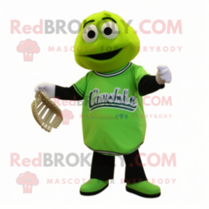 Lime Green Cucumber mascot costume character dressed with a Baseball Tee and Messenger bags