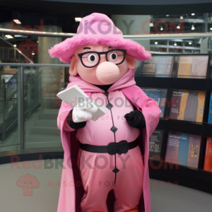 Pink Wizard mascot costume character dressed with a Bomber Jacket and Reading glasses