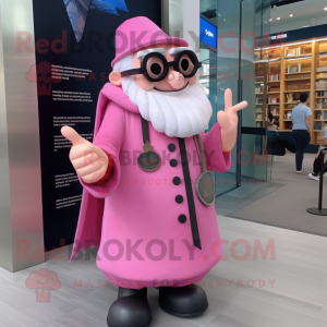 Pink Wizard mascot costume character dressed with a Bomber Jacket and Reading glasses
