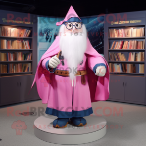 Pink Wizard mascot costume character dressed with a Bomber Jacket and Reading glasses