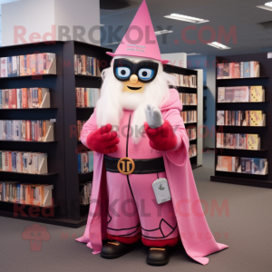 Pink Wizard mascot costume character dressed with a Bomber Jacket and Reading glasses