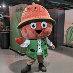 Rust Watermelon mascot costume character dressed with a Poplin Shirt and Berets