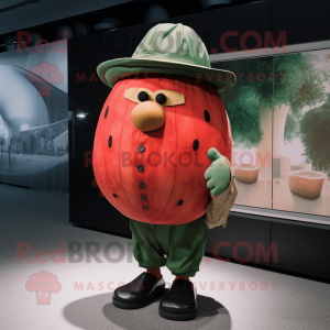 Rust Watermelon mascot costume character dressed with a Poplin Shirt and Berets