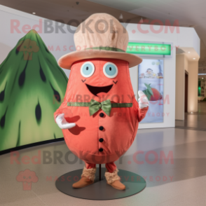 Rust Watermelon mascot costume character dressed with a Poplin Shirt and Berets