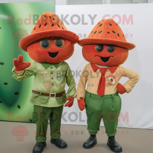 Rust Watermelon mascot costume character dressed with a Poplin Shirt and Berets