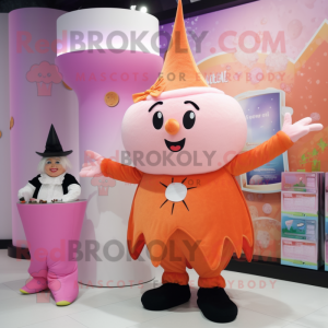 Peach Wizard mascot costume character dressed with a Tank Top and Brooches