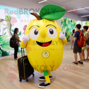 Lemon Yellow Apple mascot costume character dressed with a Maxi Dress and Backpacks