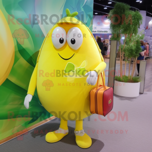 Lemon Yellow Apple mascot costume character dressed with a Maxi Dress and Backpacks