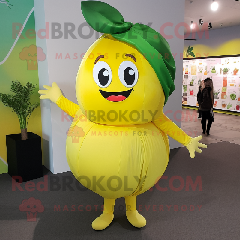 Lemon Yellow Apple mascot costume character dressed with a Maxi Dress and Backpacks